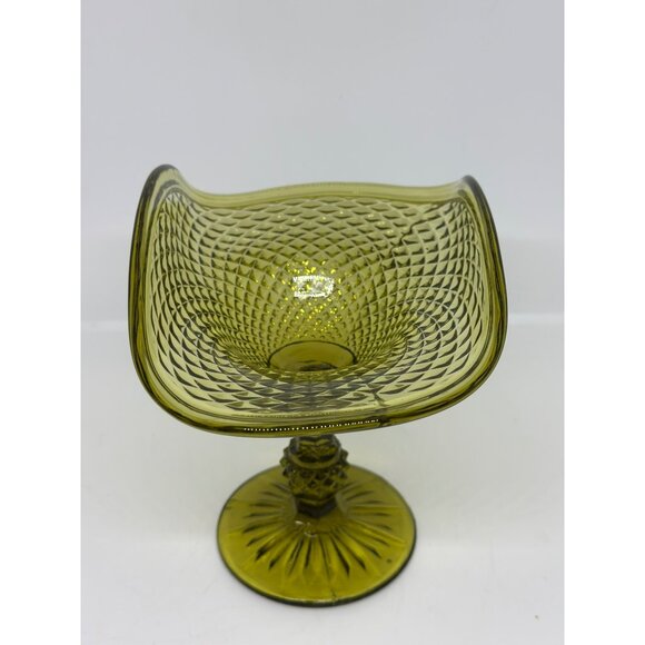 VTG Olive Green Glass Compote Dish – Footed Diamond Pattern Candy Bowl 6"x6.5" - Picture 3 of 7